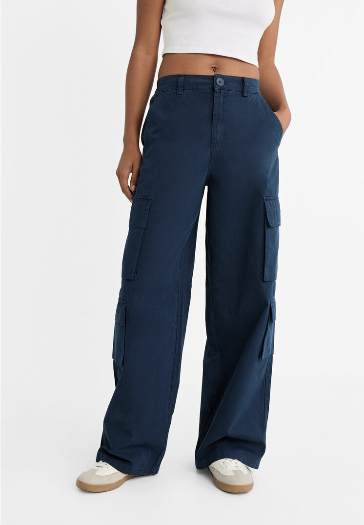 Stradivarius Poplin cargo trousers  Navy blue S