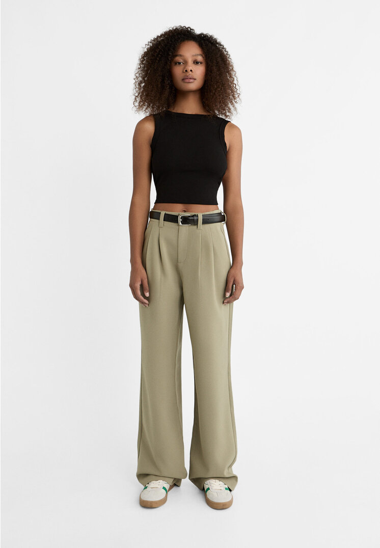 

Stradivarius Eleganckie spodnie z paskiem Khaki 44