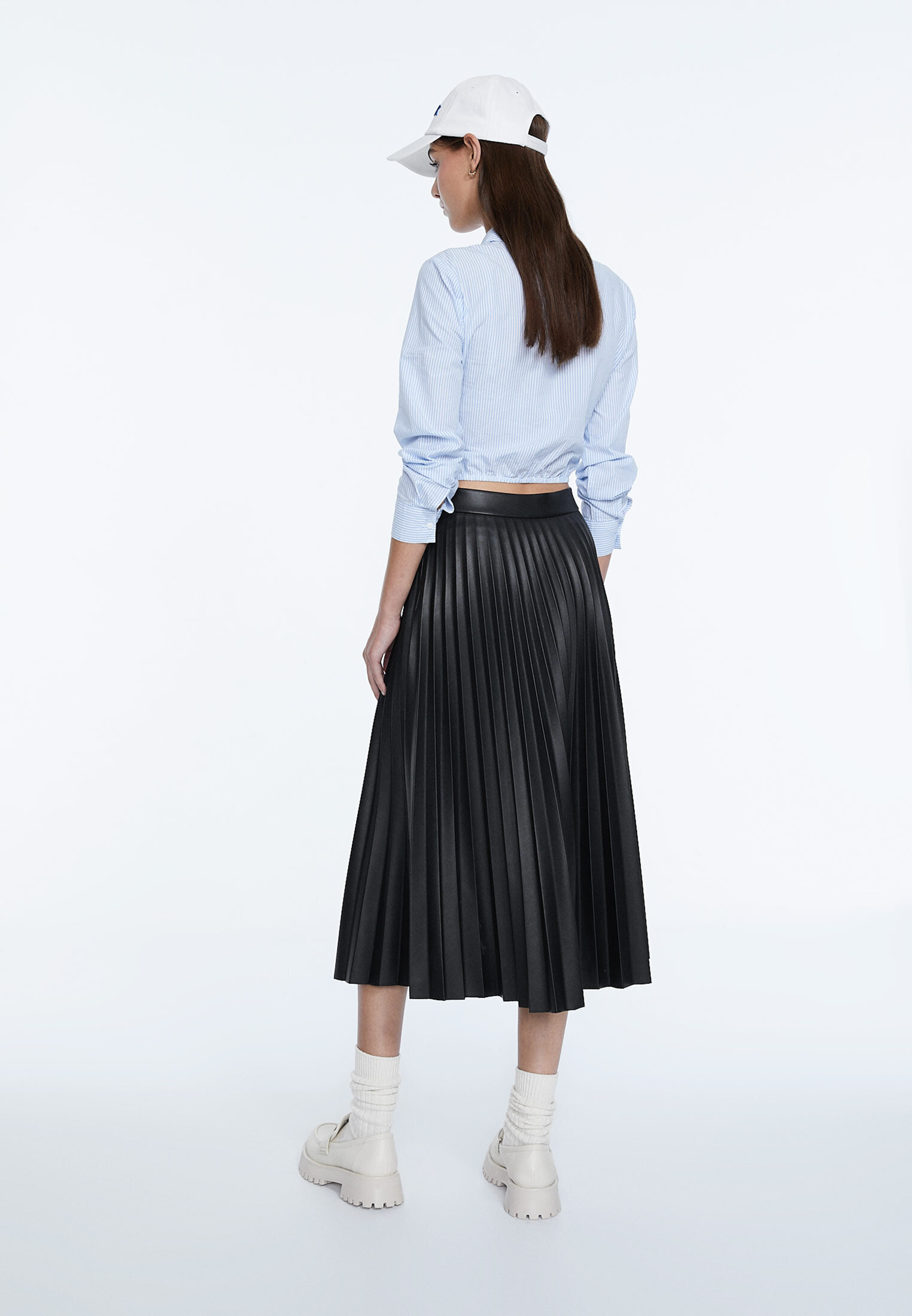 Stradivarius faux leather shop pleated skirt in black