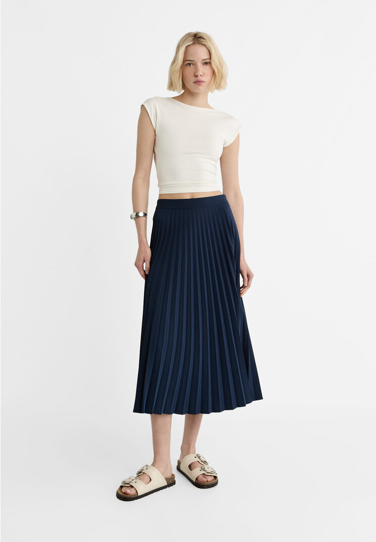 

Stradivarius Plissierter Midirock Marineblau XS
