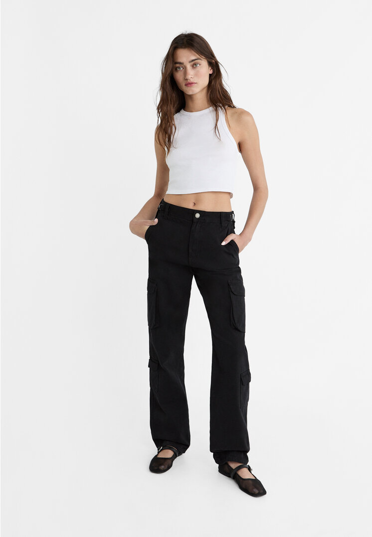

Stradivarius Cargohose mit verstellbarem Bund Schwarz 42