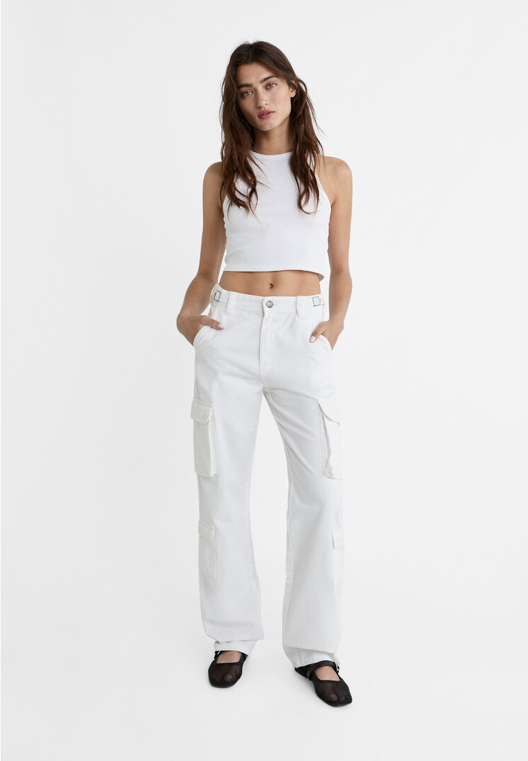 

Stradivarius Cargohose mit verstellbarem Bund Weiß 32