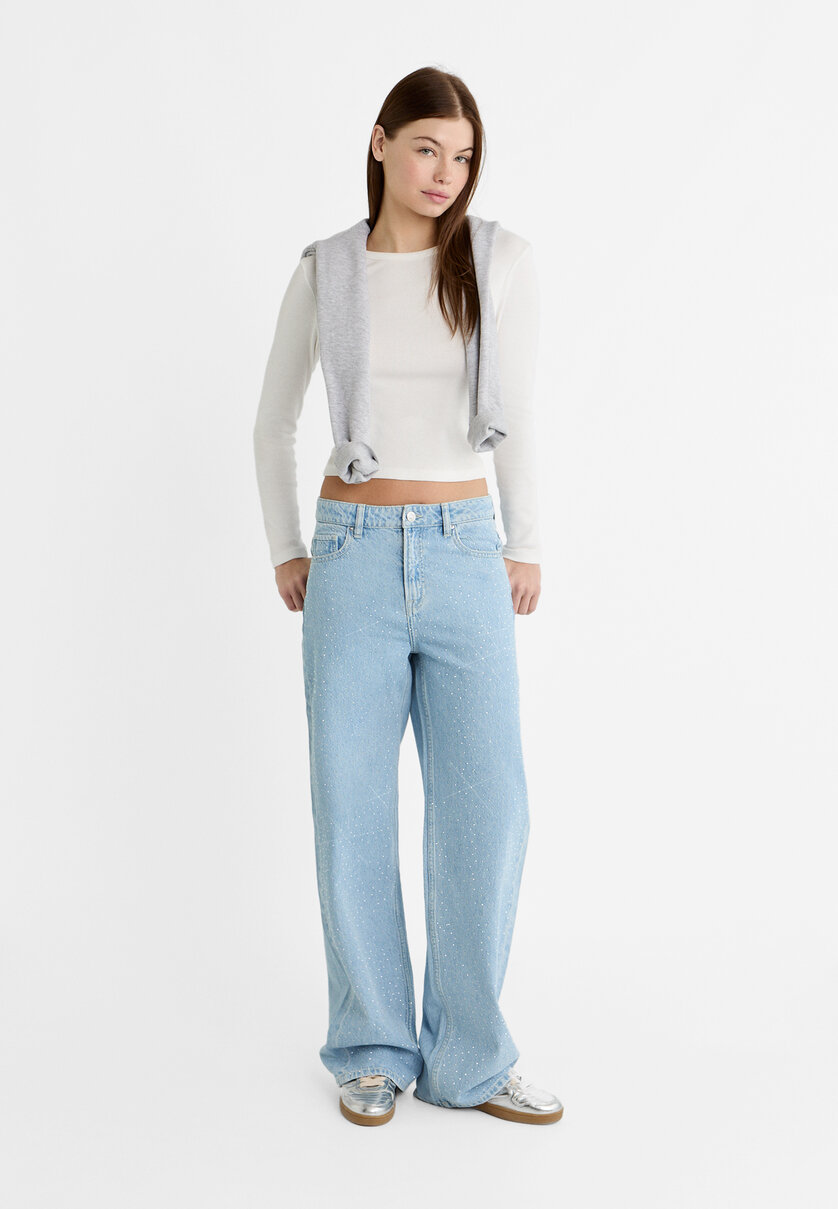 Straight-fit jeans with rhinestones - Women's Jeans | Stradivarius Italy