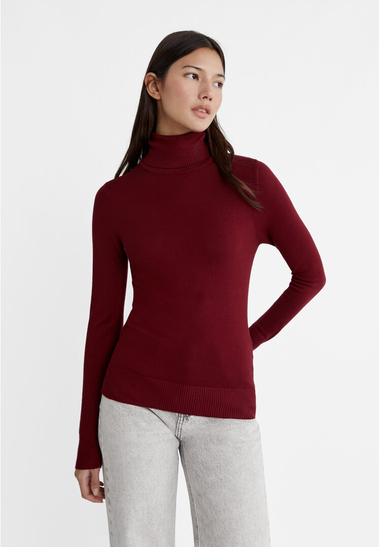 Stradivarius Strickpullover mit Rollkragen Granatrot M