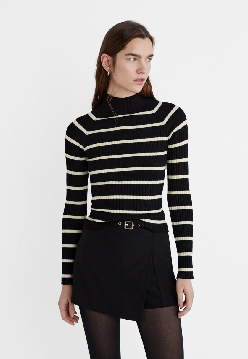 Ribbed striped mock turtleneck knit jumper - Women's fashion