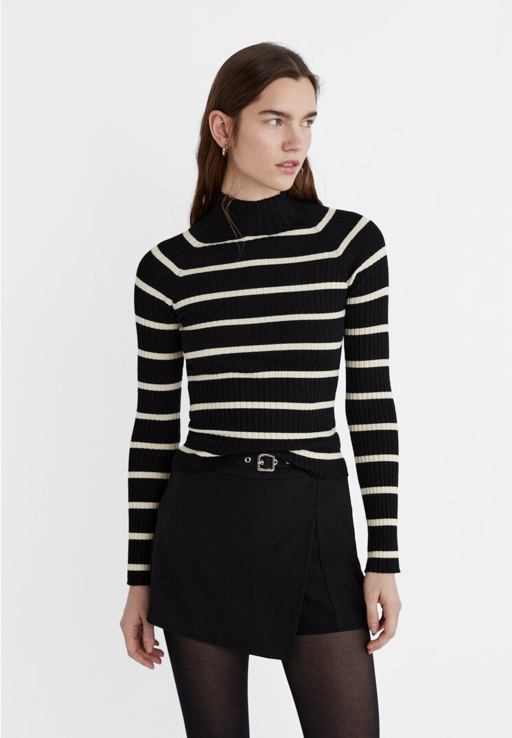 Ribbed striped mock turtleneck knit jumper