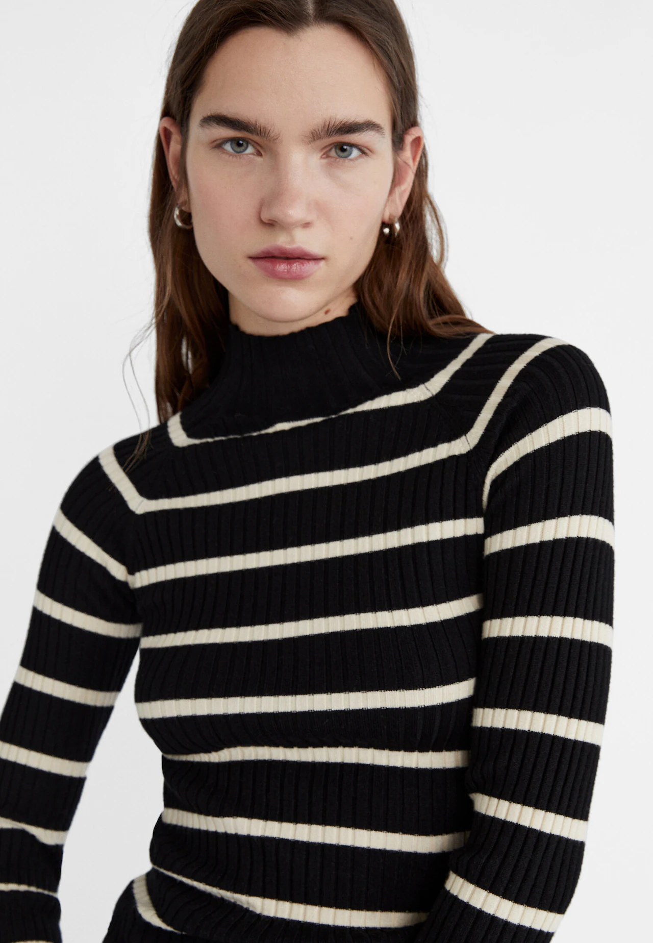 Ribbed striped mock turtleneck knit jumper - Women's fashion