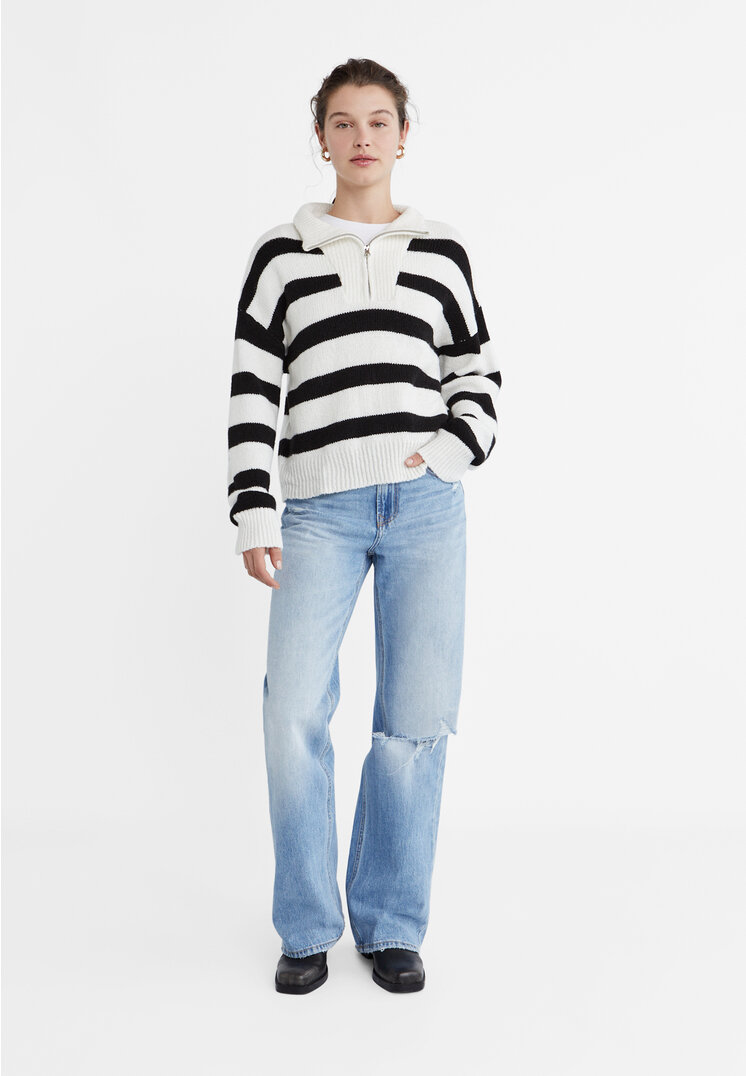 

Stradivarius Sweter z dzianiny w paski z suwakiem Czarny XL