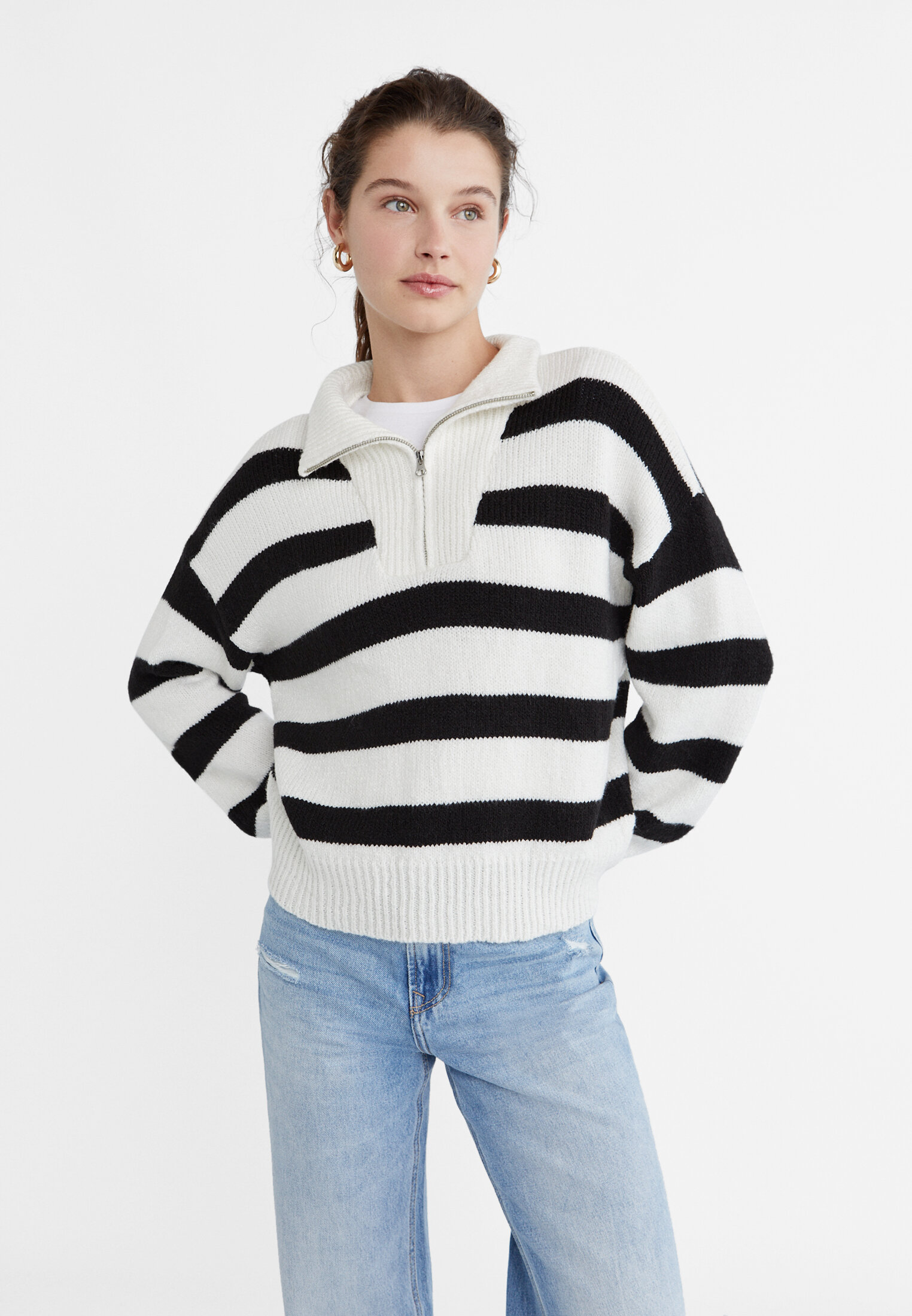 Pull ray en maille fermeture clair Mode femme Stradivarius