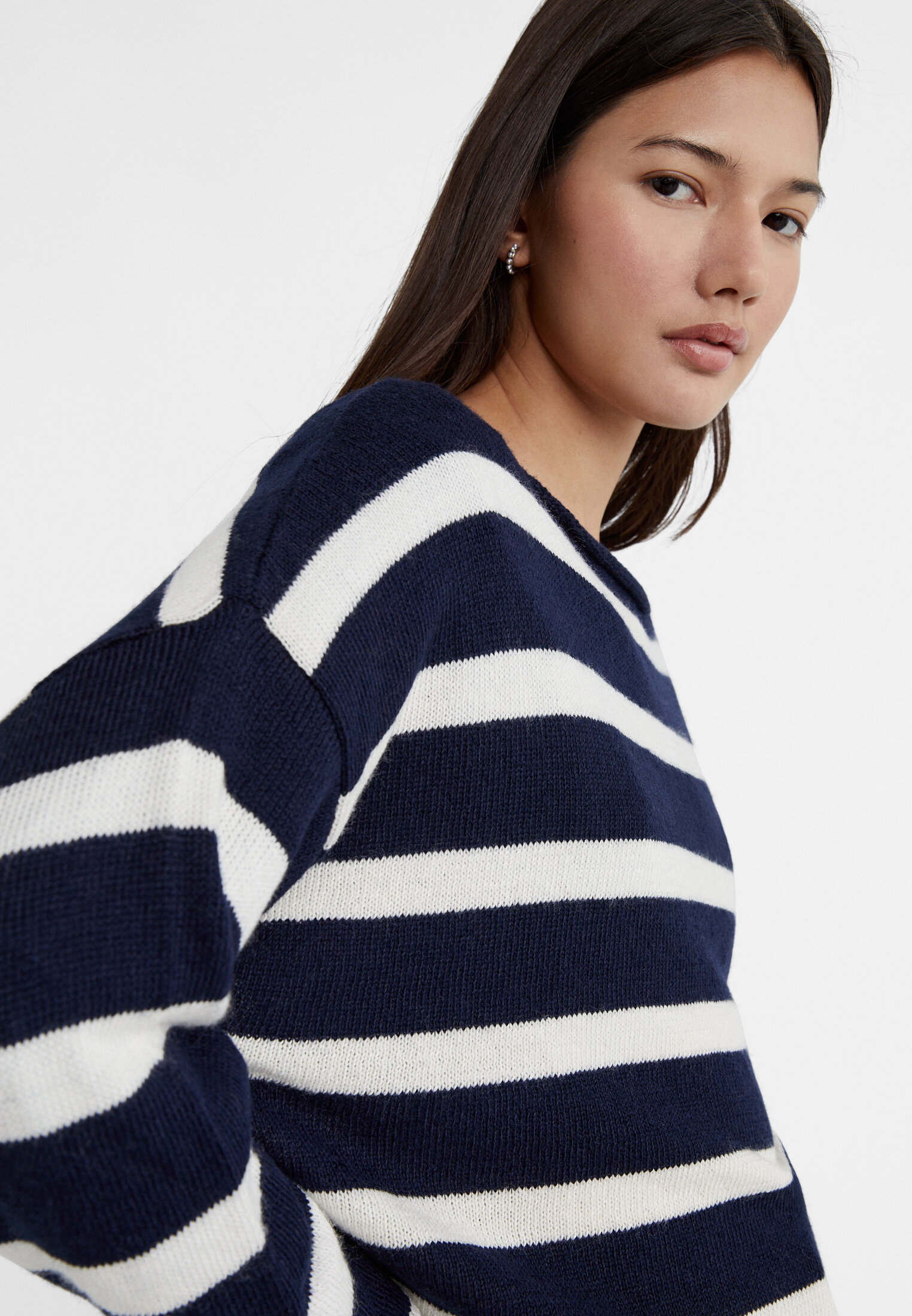 Striped boat neck knit sweater