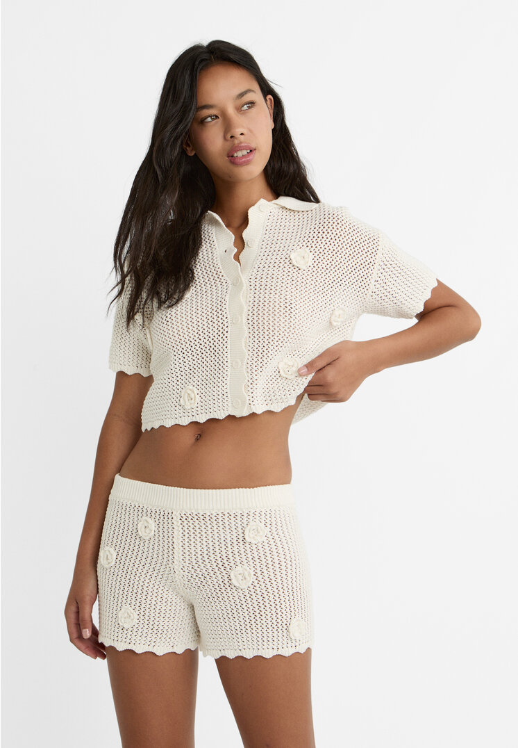

Stradivarius Häkelshorts mit Blumen Weiß XL