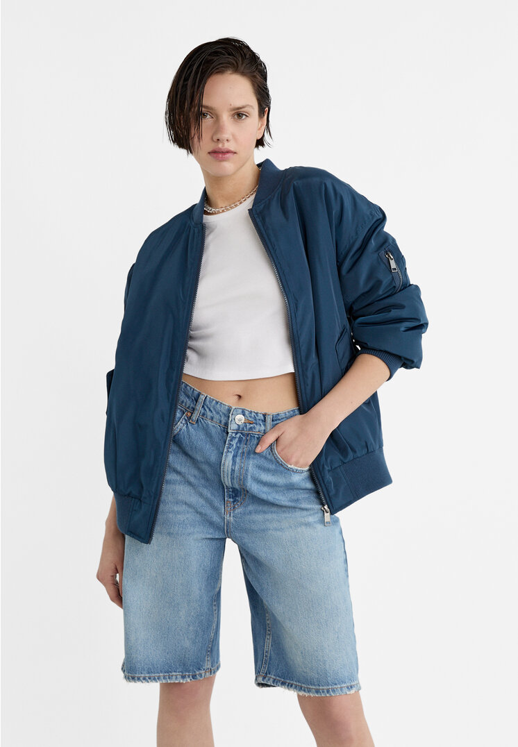 Stradivarius Quilted Bomber Jacket  Navy Blue Xl