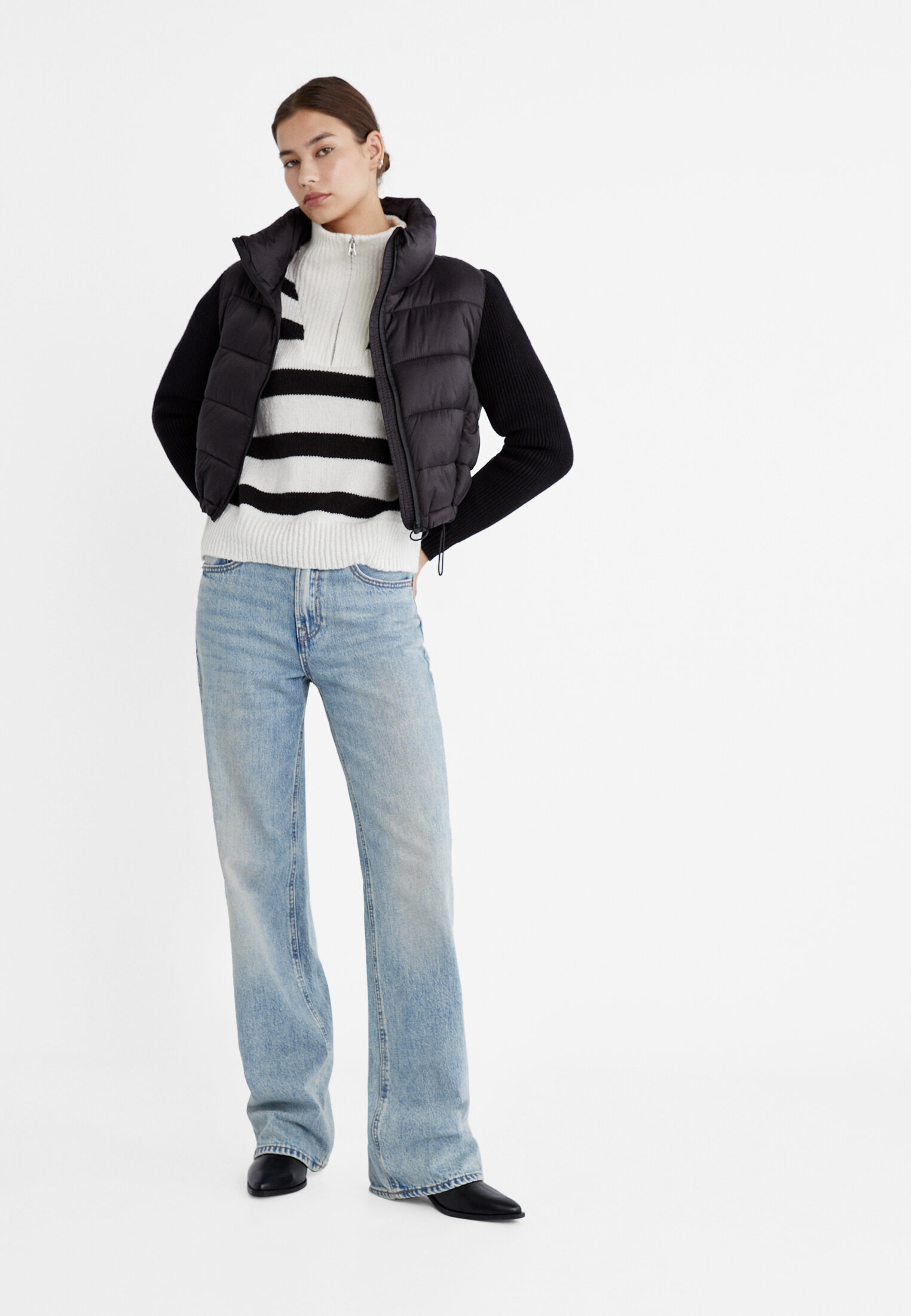 Womens puffer jacket clearance with knit sleeves