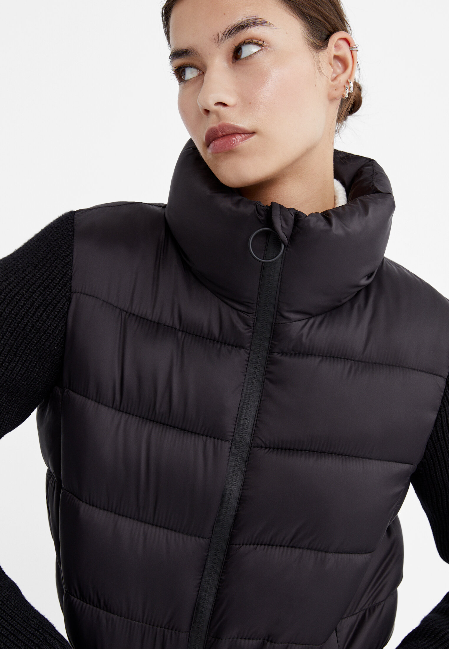 Puffer jacket with sweater sleeves sale