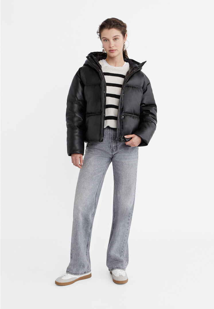 Stradivarius Gesteppte Kunstlederjacke Schwarz XL
