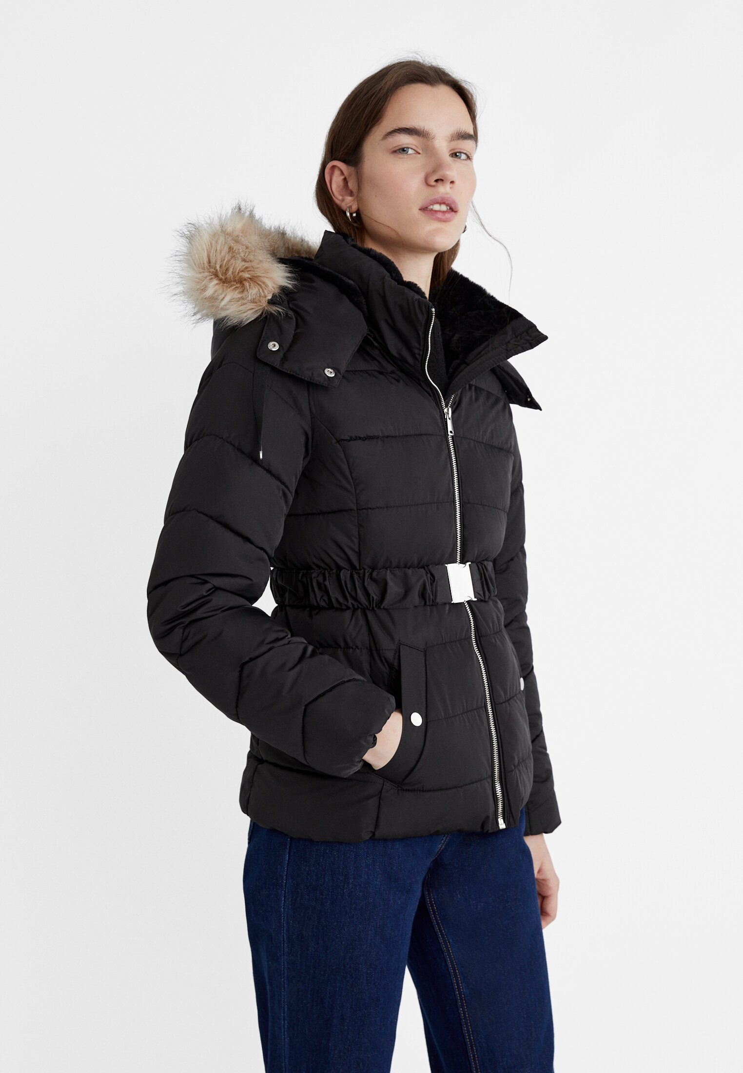 Padded jacket shop with fur hood