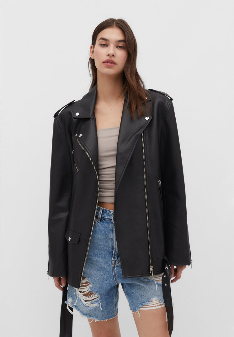 

Stradivarius Kurtka oversize w stylu biker ze sztucznej skóry Czarny L