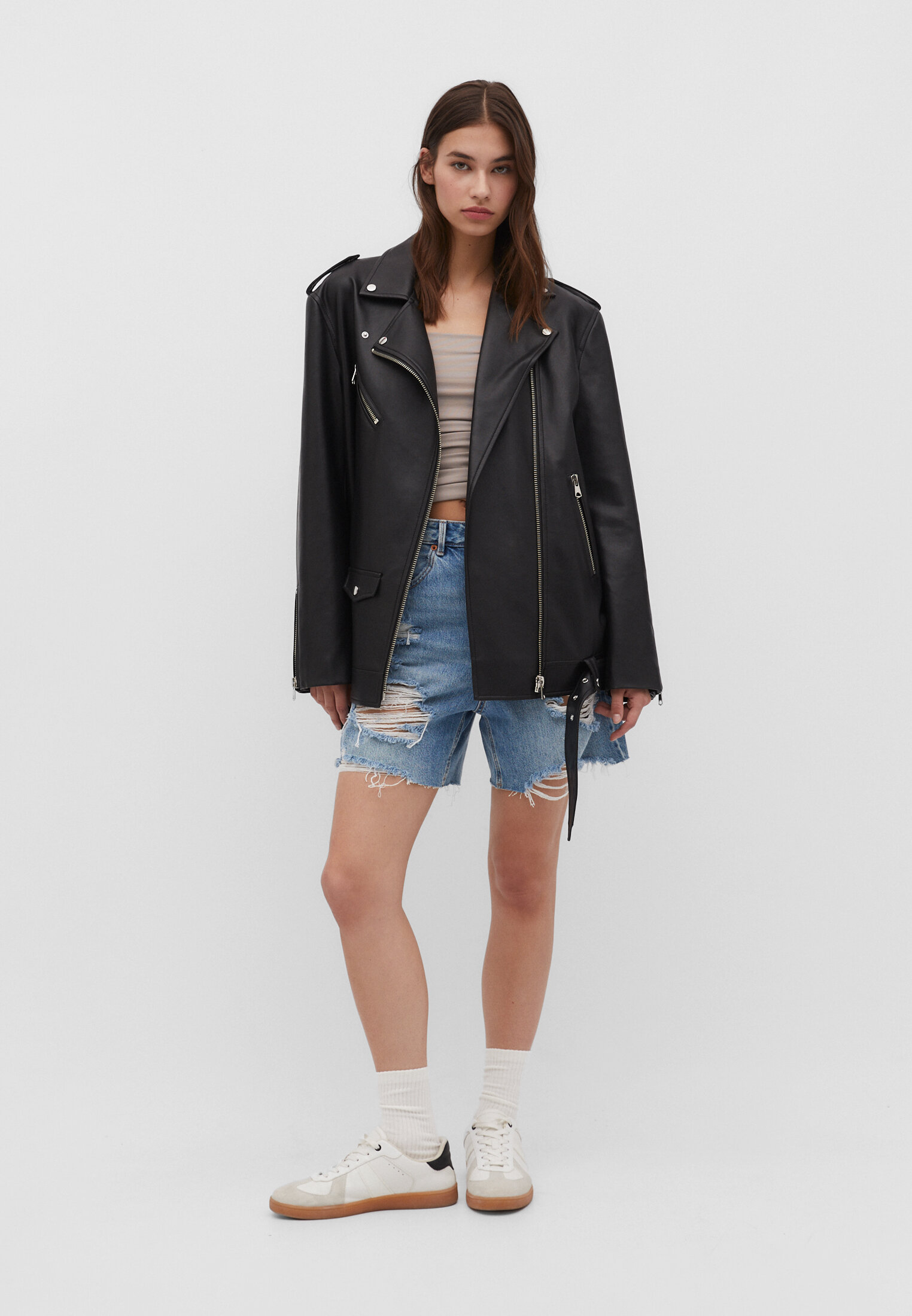 Oversized leather clearance jacket with fur