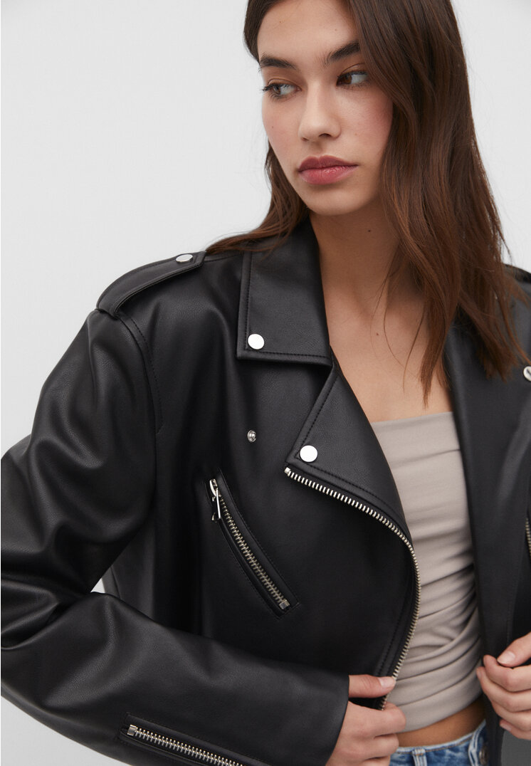 Stradivarius Oversized faux leather biker jacket  Black M
