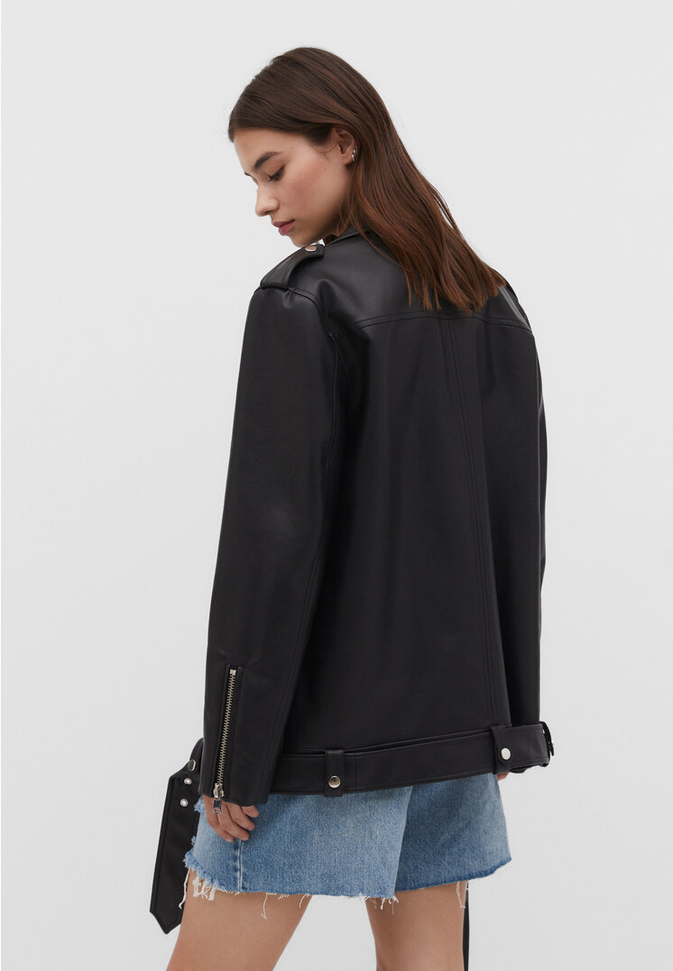 Stradivarius Oversized faux leather biker jacket  Black M