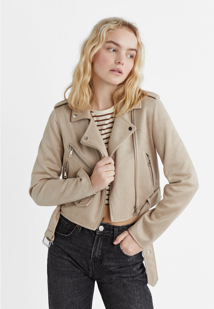 

Stradivarius Bikerjacke in Wildlederoptik Steingrau XL