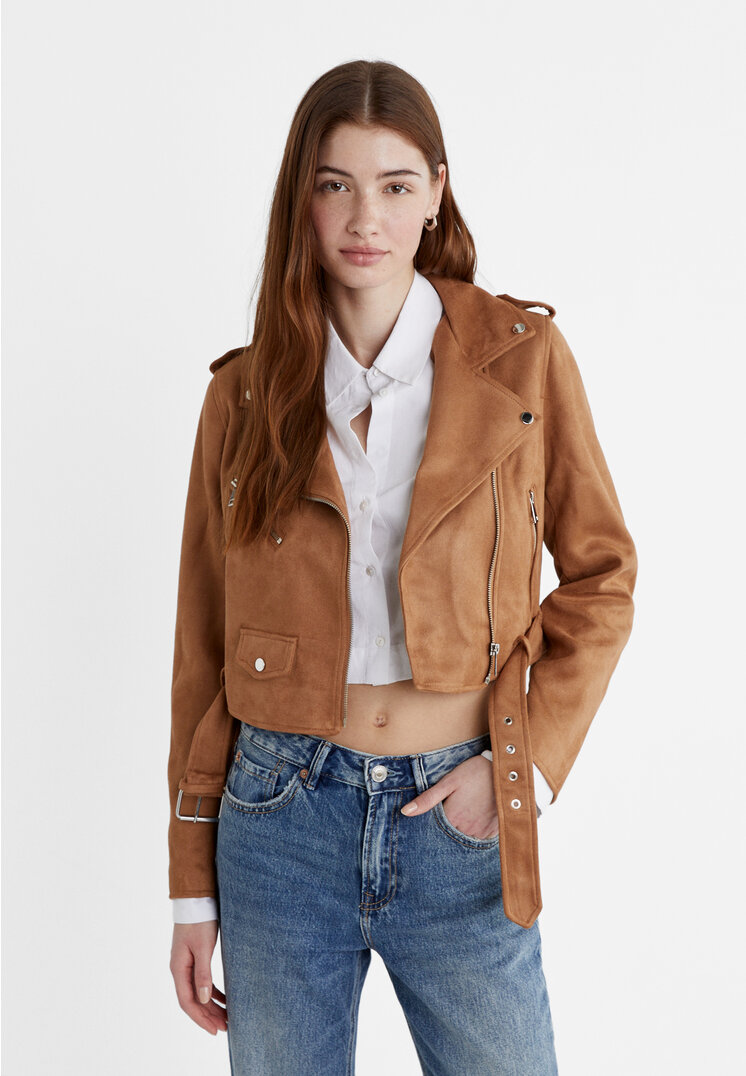 

Stradivarius Kurtka biker z zamszowym efektem Karmelowy XL