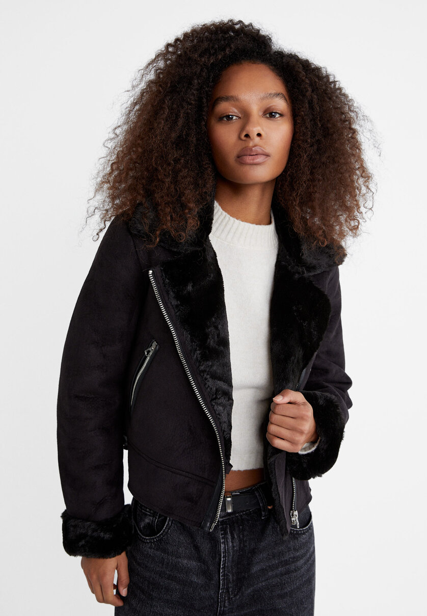 Cropped double-faced faux suede biker jacket