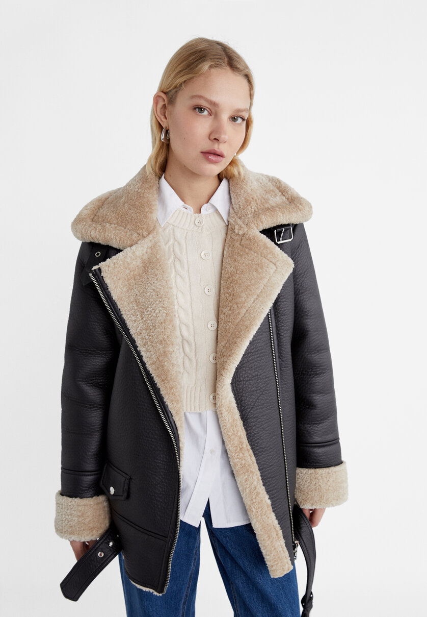 Double-faced biker jacket with contrast faux fur - Women's fashion 