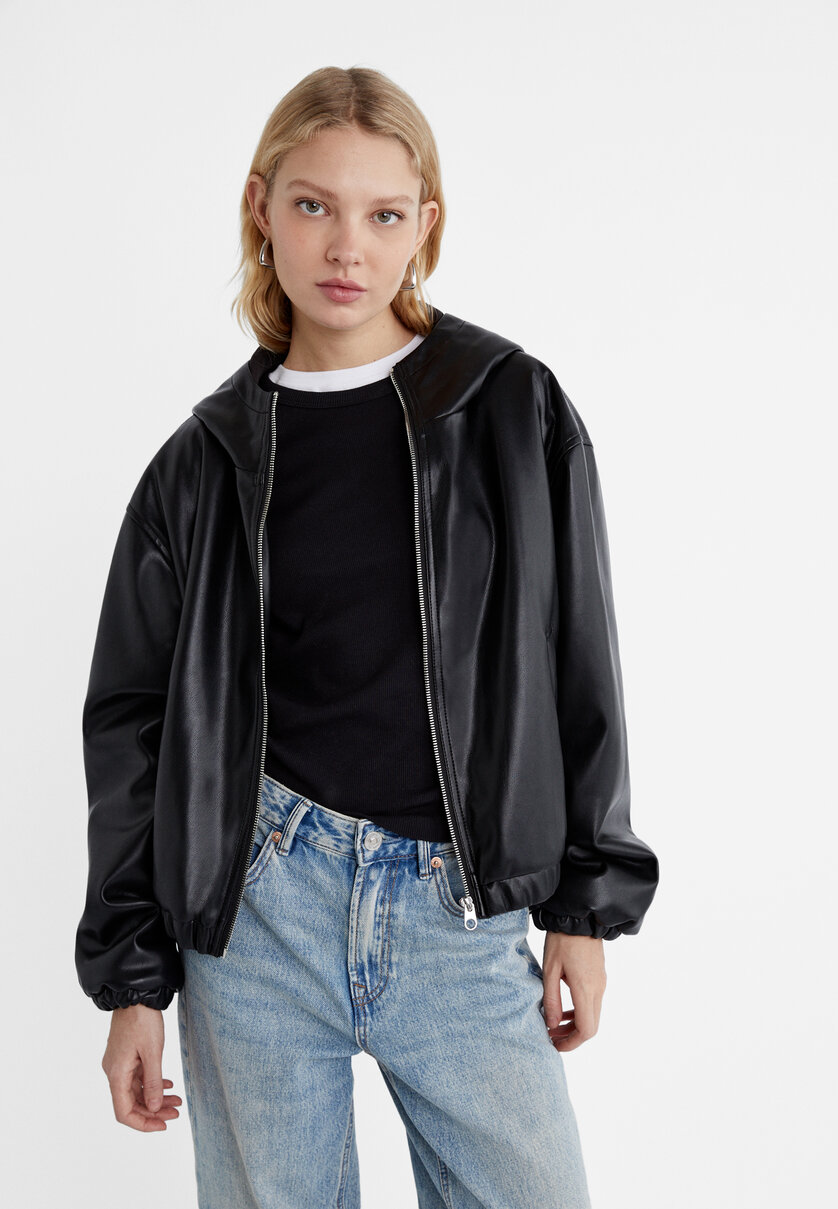 Leather effect hooded jacket
