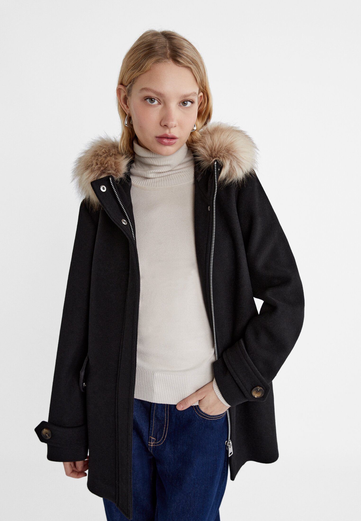 Stradivarius parka jacket with fur clearance hood