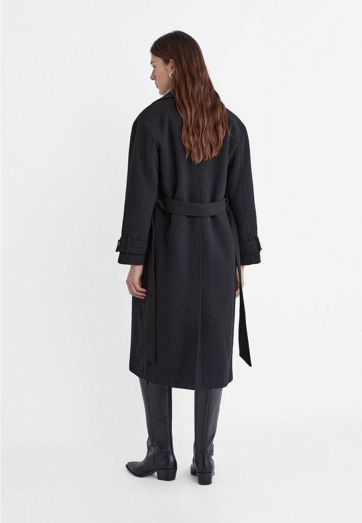 Stradivarius Cappotto lungo con cintura  Nero L