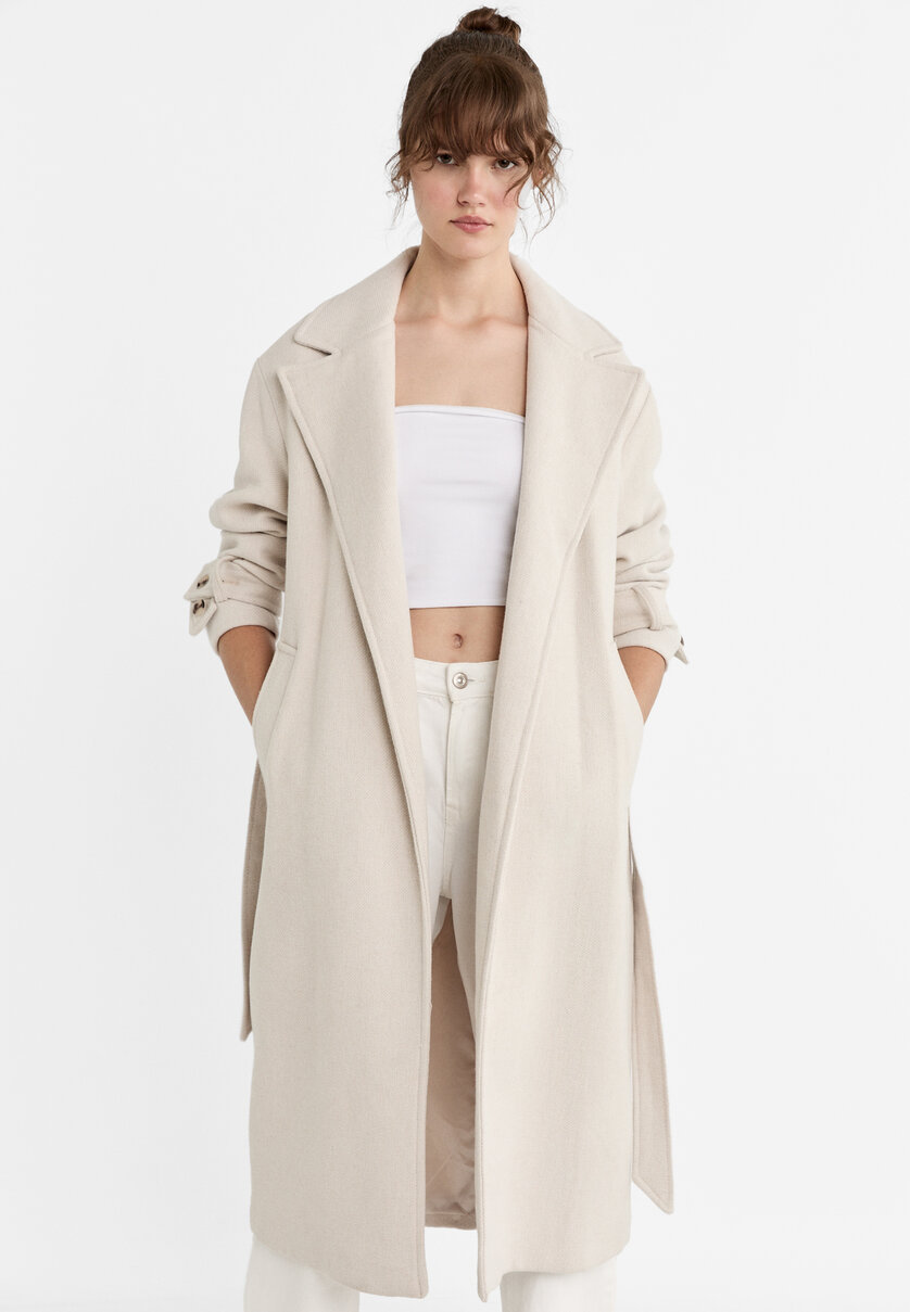 Stradivarius wool tie on sale waist car coat