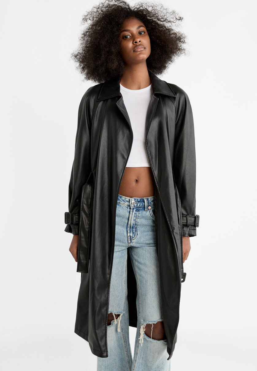 Long faux leather trench coat