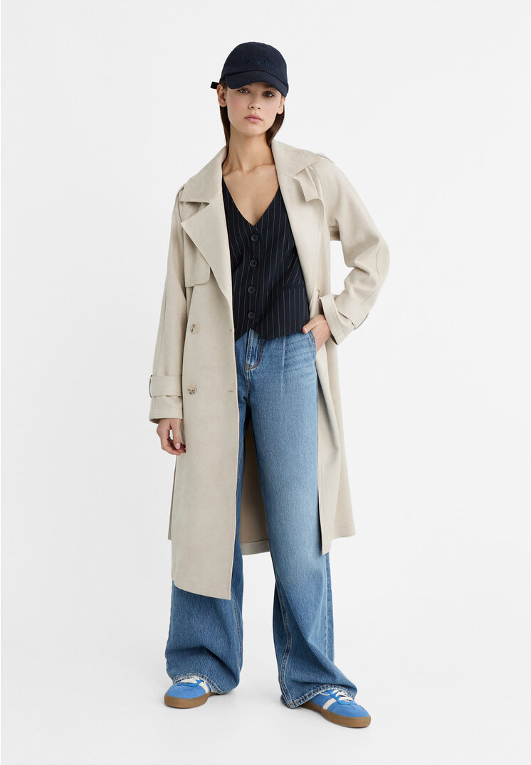 stradivarius long faux suede trench coat  stone xs