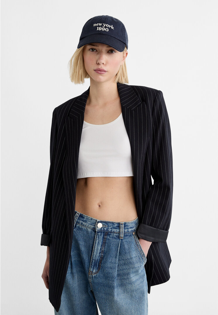Stradivarius Blazer Regular-Fit offen Nadelstreifen Marineblau M