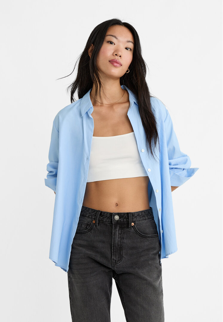 

Stradivarius Koszula basic z popeliny Błękitny M