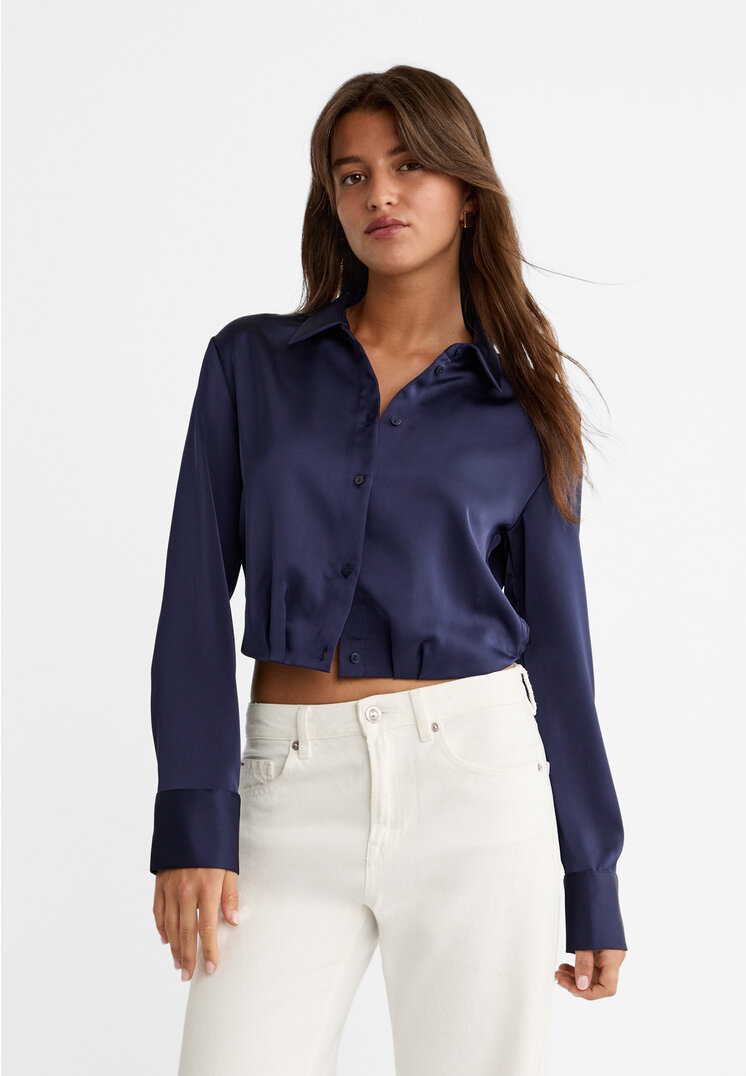 

Stradivarius Kurzes Satinhemd Marineblau M