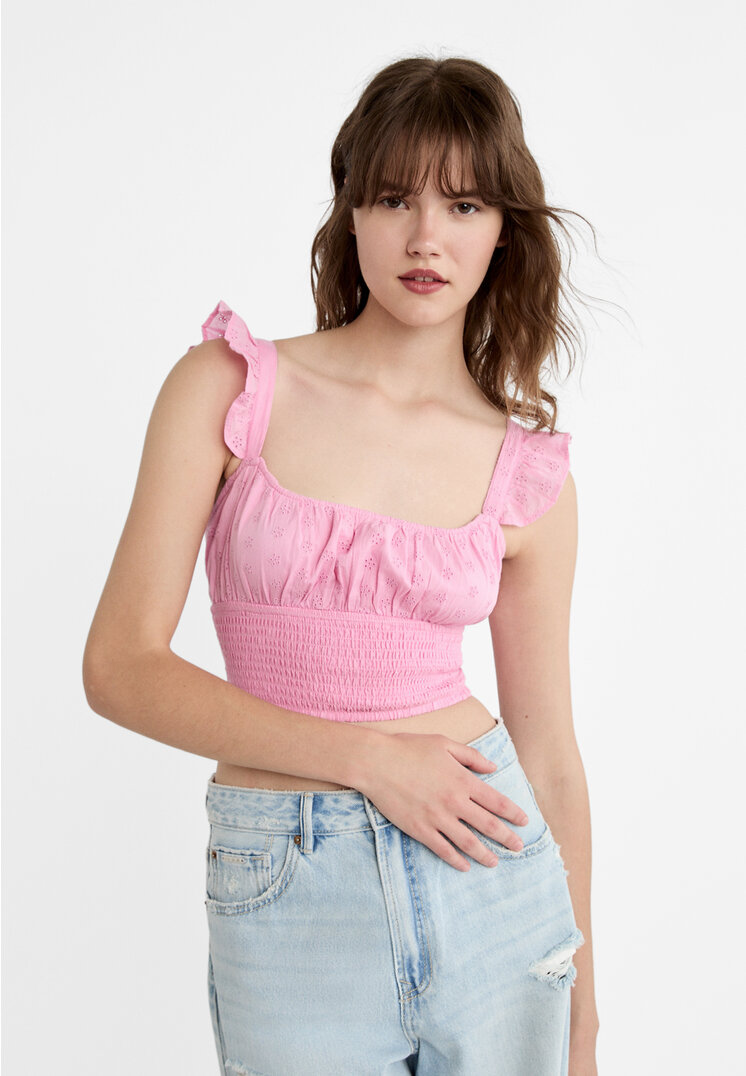 Stradivarius Top corto ricamato spalline  Rosa pastello L