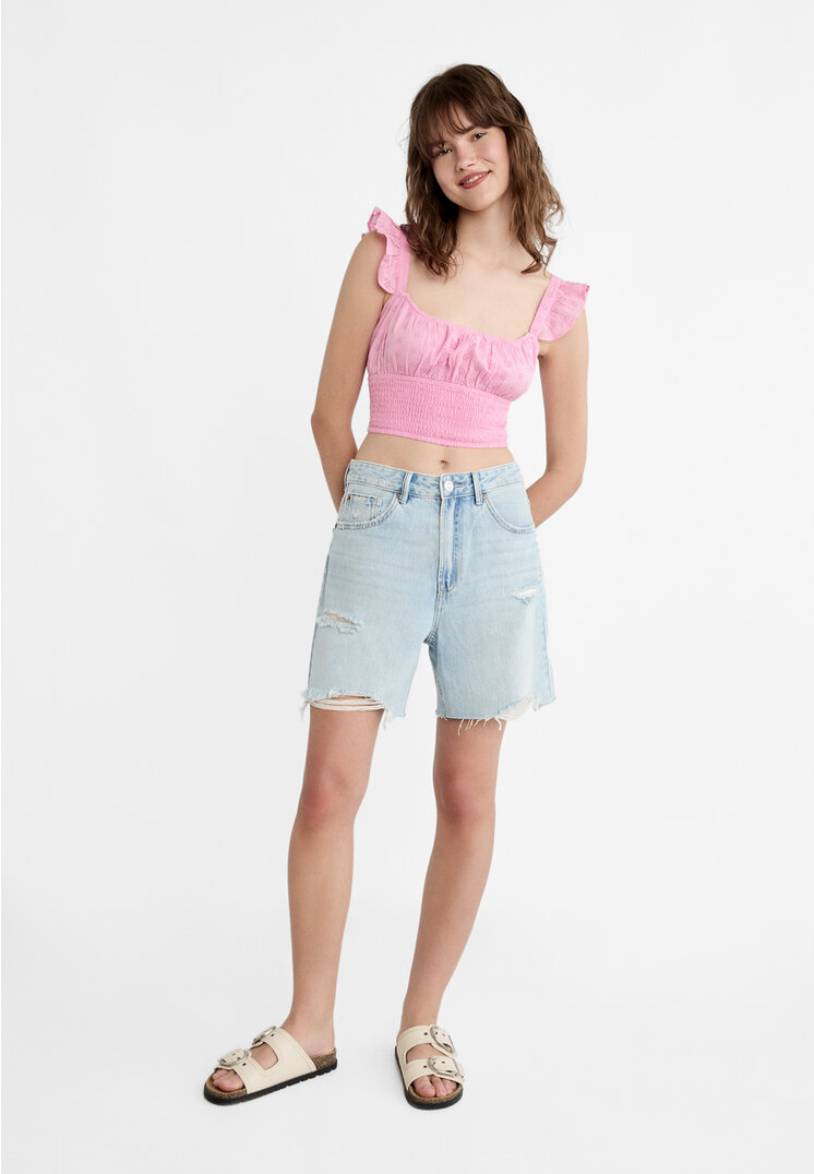 Stradivarius Top corto ricamato spalline  Rosa pastello L