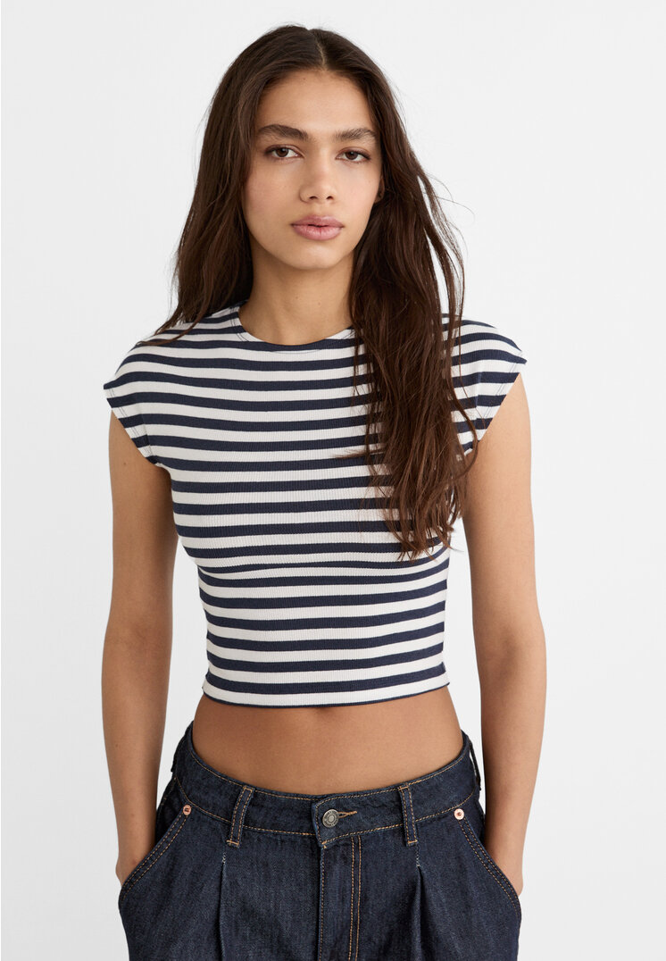 Stradivarius Shirt mit Mini-Ärmeln und Streifen Marineblau S