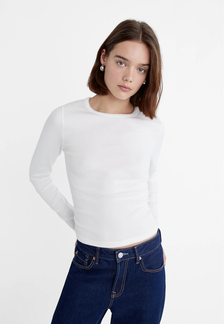 Camiseta básica de manga larga para mujer, con cuello redondo Camiseta lisa  de algodón y LICRA, camisetas de talla grande para…