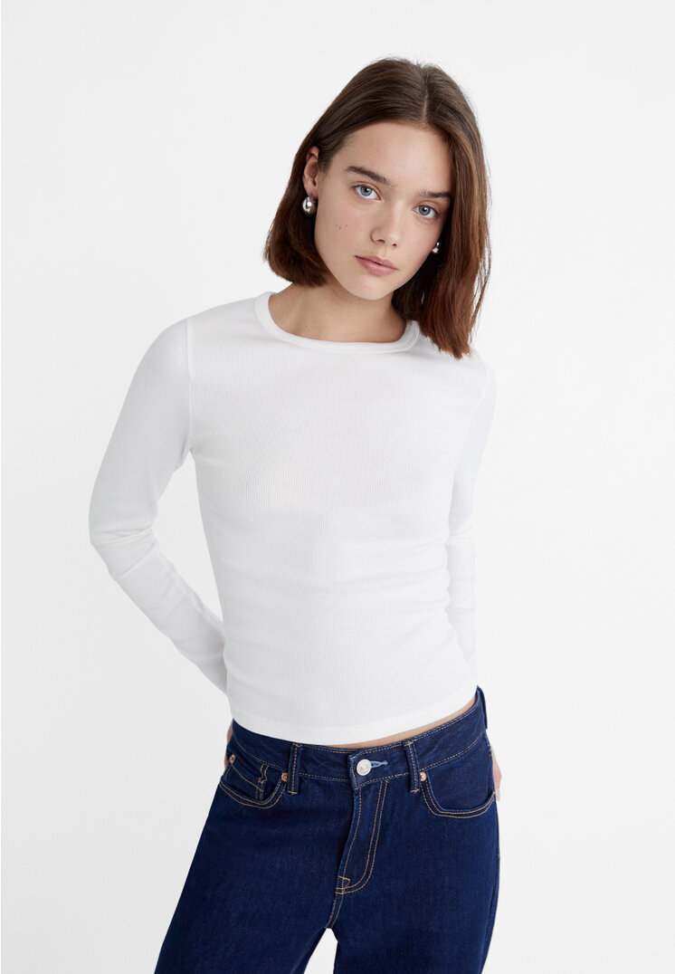 

Stradivarius Prążkowana koszulka z długim rękawem Ecru XL