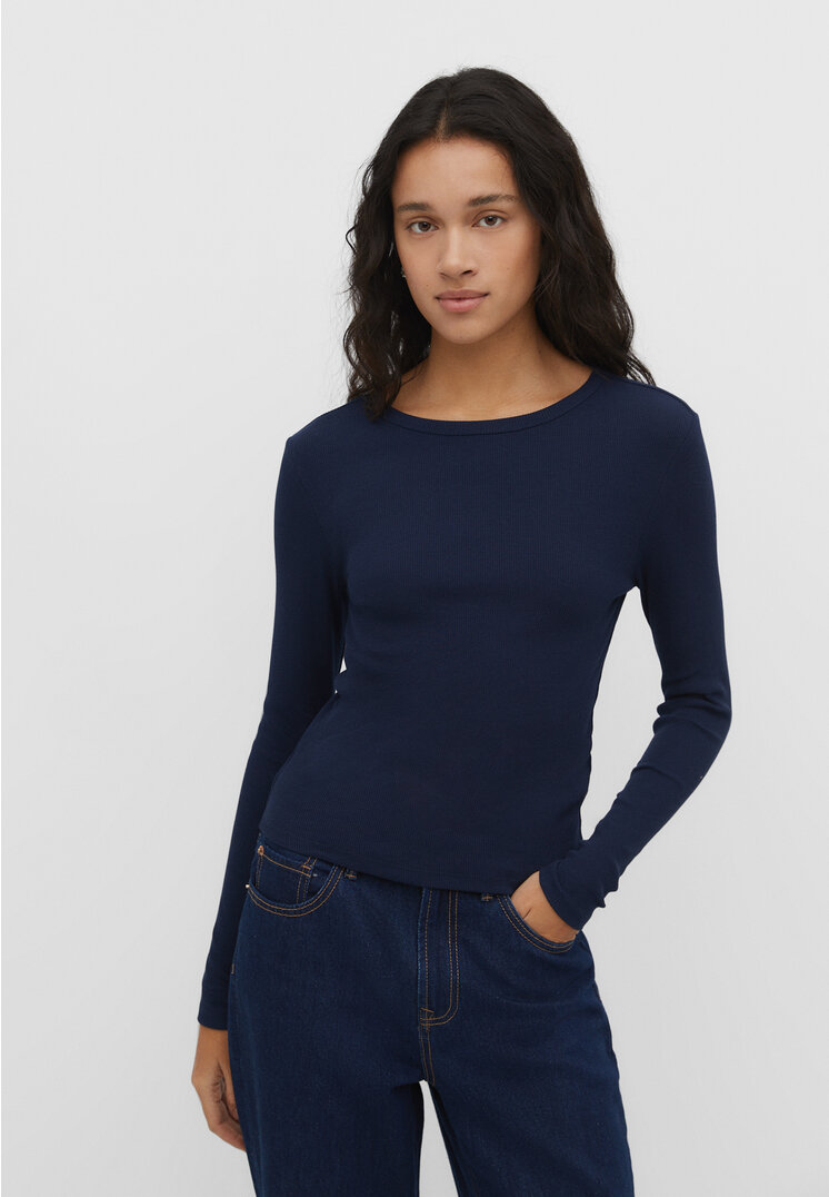 

Stradivarius Shirt im Rippenstrick mit langen Ärmeln Marineblau XS