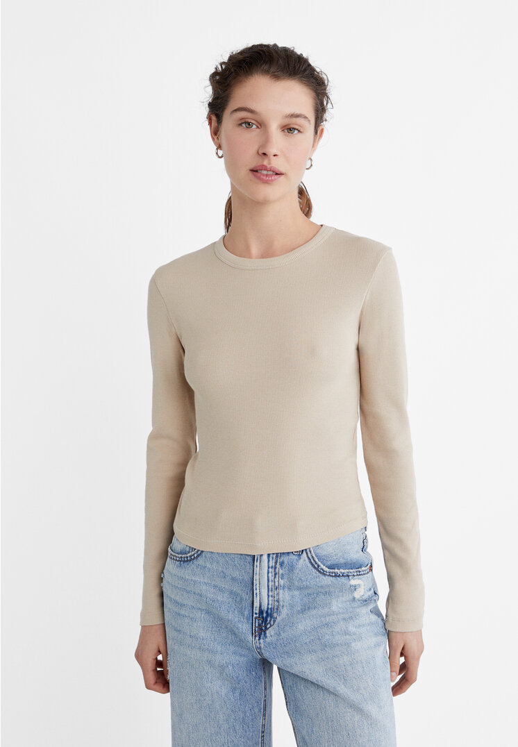 

Stradivarius Shirt im Rippenstrick mit langen Ärmeln Beige M