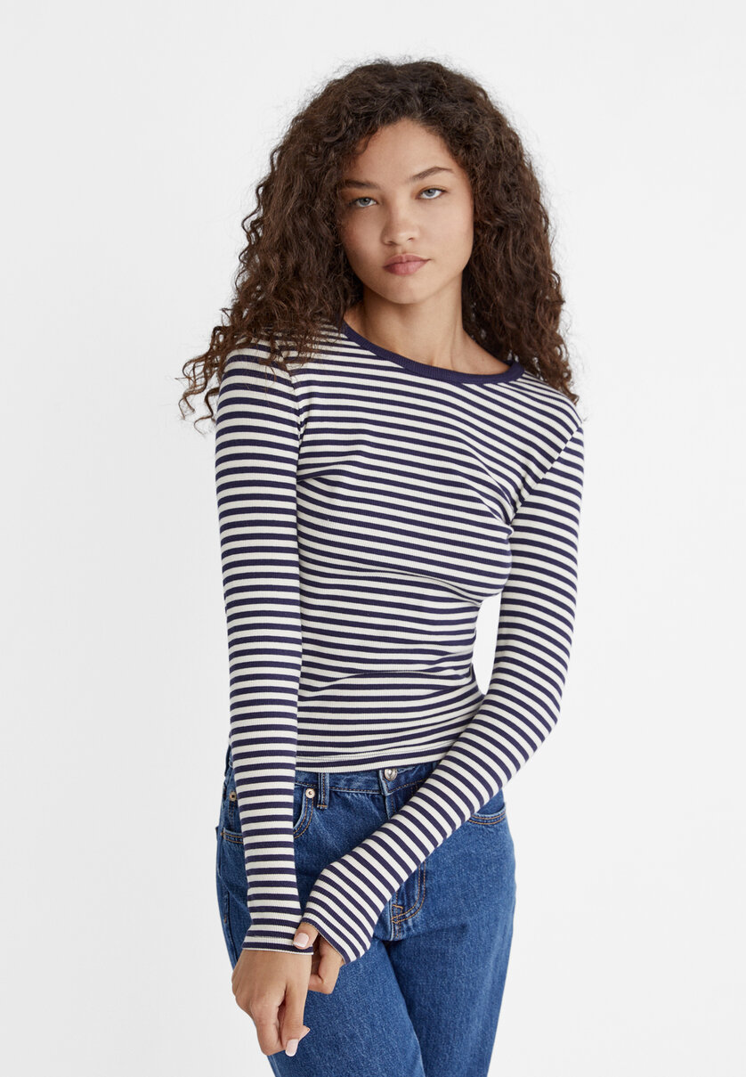 Striped long sleeve ribbed T-shirt - Women's fashion | Stradivarius ...
