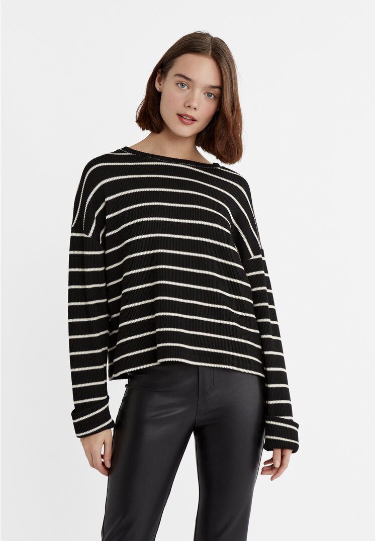 

Stradivarius Dzianinowa ażurowa koszulka w paski Czarny XL