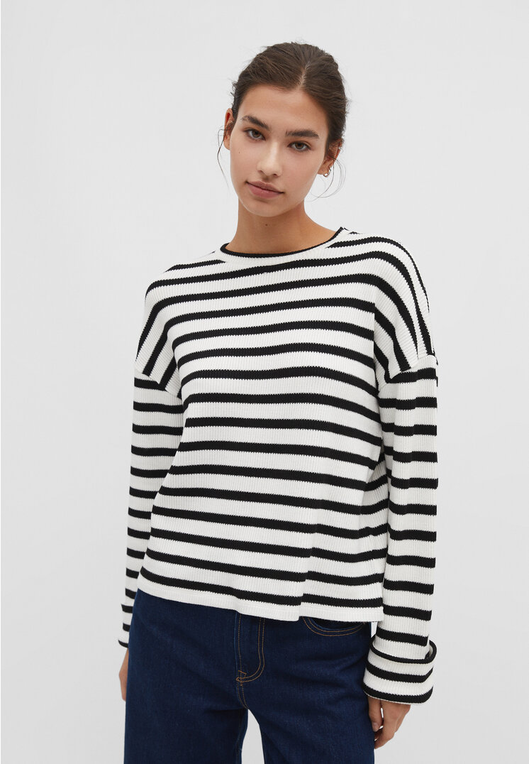 Stradivarius Striped Cutwork Knit T-Shirt  Ecru Xl