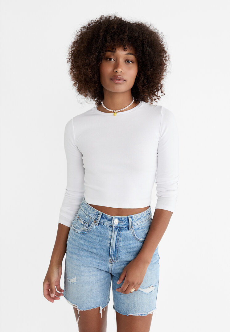

Stradivarius Basic-Cropped-Shirt aus Baumwolle Weiß S