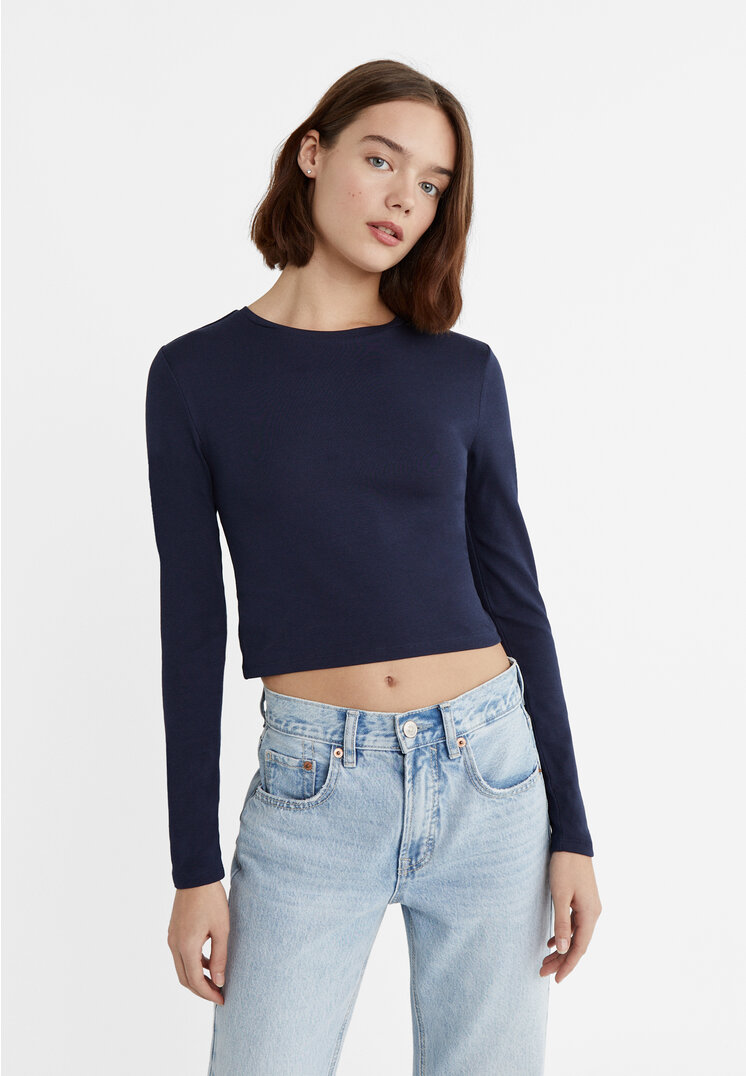 

Stradivarius Basic-Cropped-Shirt aus Baumwolle Marineblau S