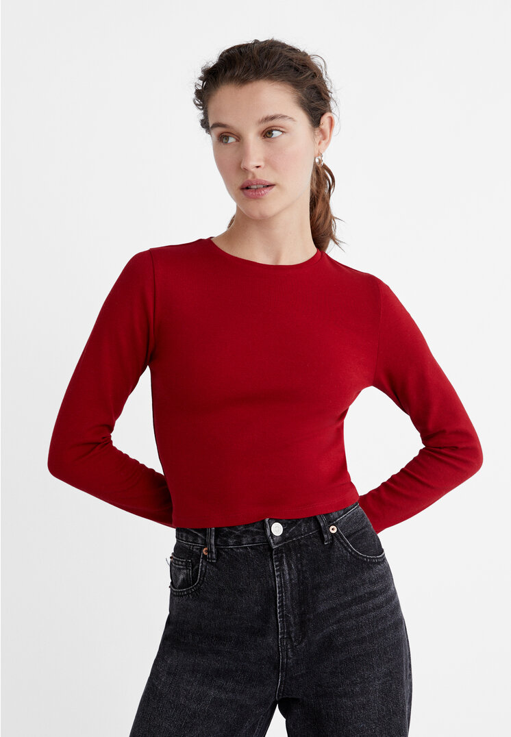 

Stradivarius Basic-Cropped-Shirt aus Baumwolle Rot XL